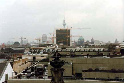 A view of Eastern Berlin from the top of the Reichstag.  Notice the cranes.  They are equally prevelant in all directions.