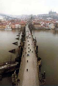 A view across the Charles Bridge during a rare time of minimal traffic and hoopla.  Must have been early in the day.