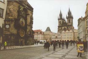 Entering Old Town Square.  Astronomical clock is on the left.