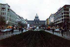 Wenceslas Square looking toward the statue and the museum