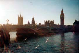 A photo of Big Ben and Parliament from across the Thames at the London Aquarium.